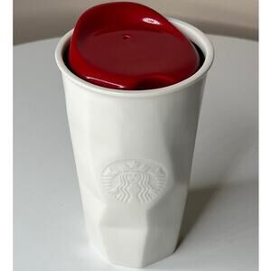 Starbucks 2013 White Faceted Ceramic Travel Mug 10oz Tumbler Red Lid Limited Ed